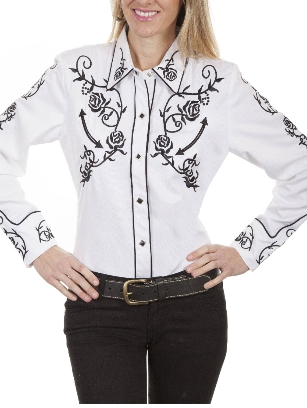 SCULLY Pearl Snap Western Shirt Womens White Floral Rose Embroidered Size Small